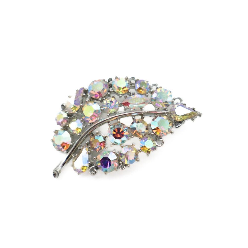 Lisner Vintage Iridescent Crystal Leaf Brooch